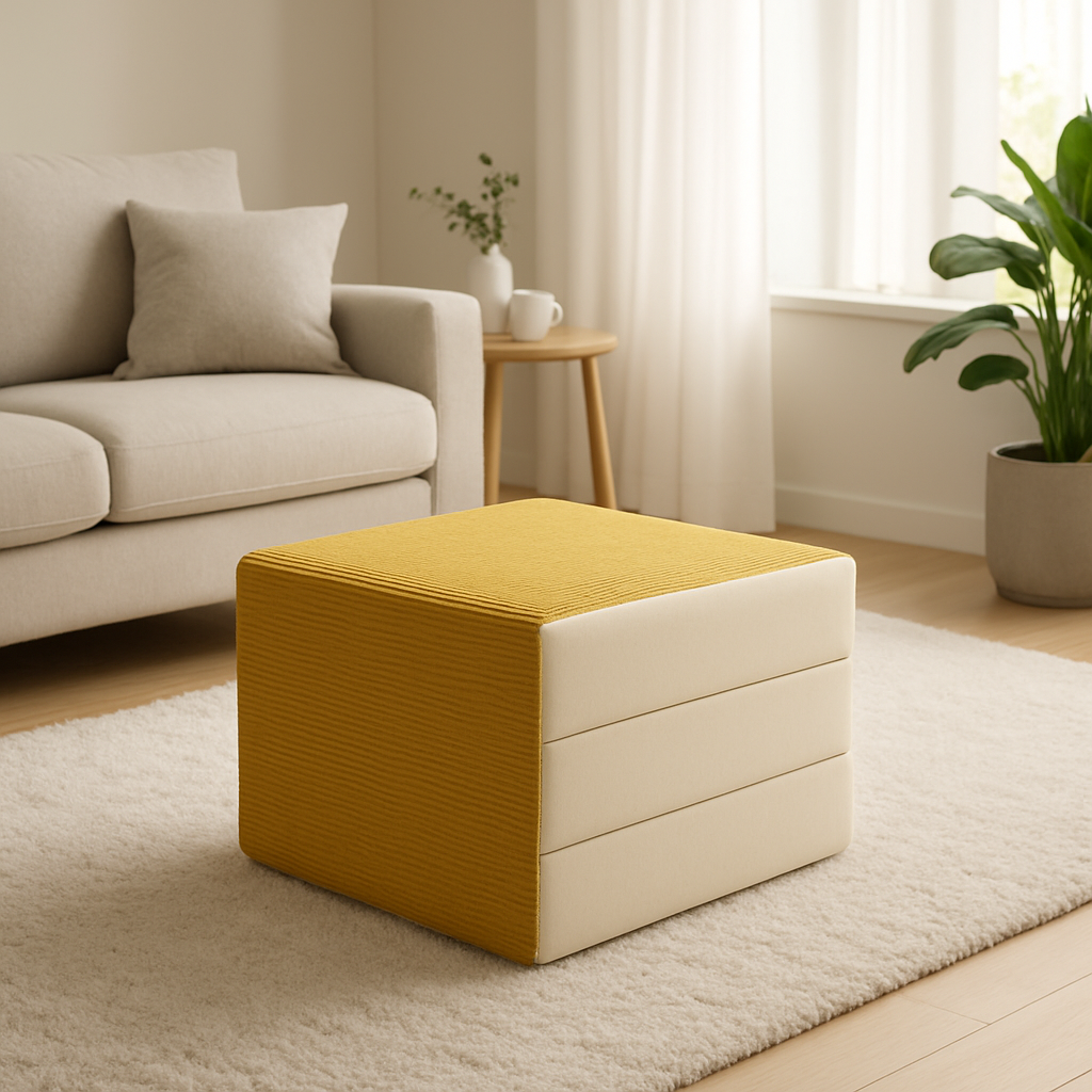 NapStack mustard ottoman in a modern lounge