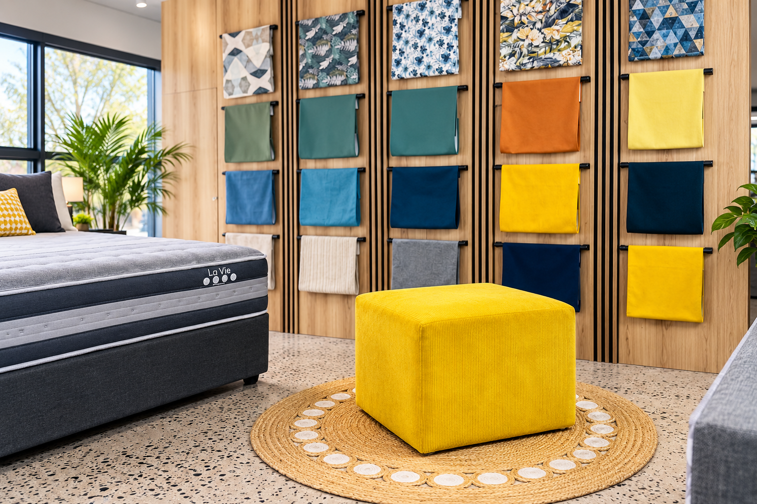 Yellow NapStack ottoman on display at Beds & More showroom in Ballito